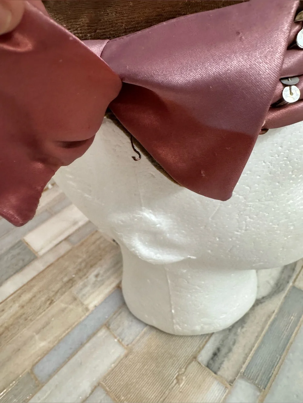 Vintage Brown Velvet Pillbox Hat Pink Satin Bow Sequin Trim Women’s Unbranded